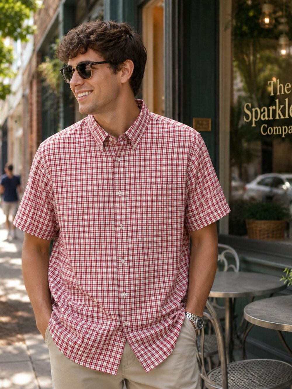 Haggar Forever Casual Camp Shirt Men's Red Check Short Sleeve Button Down Size L